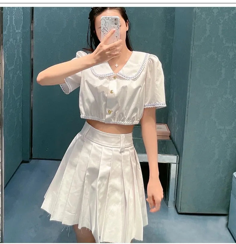 White High-Waist Pleated Mini Skirt