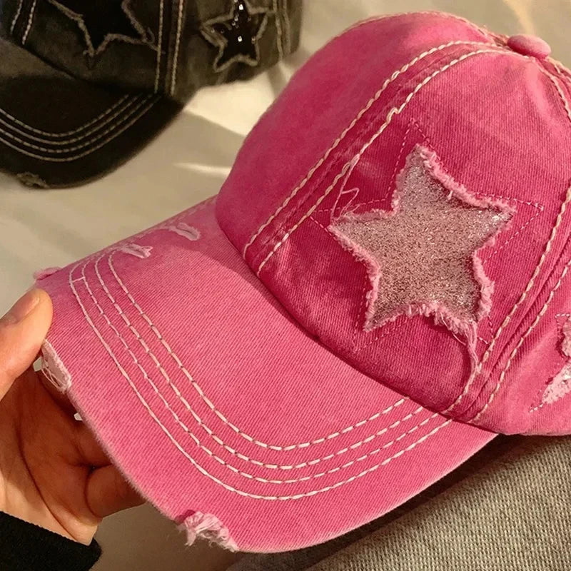 Retro Star Washed Denim Baseball Cap Y2K