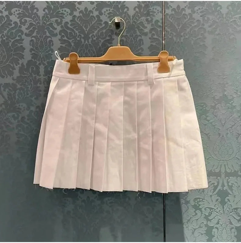 White High-Waist Pleated Mini Skirt