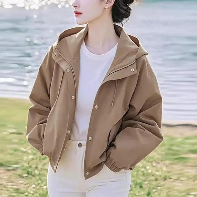 Khaki Casual Hooded Short Jacket Women