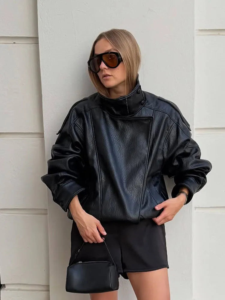 Elegant Street Style Asymmetric Black Coat Women
