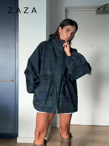 Vintage Grid Loose Stand Collar Jacket Women