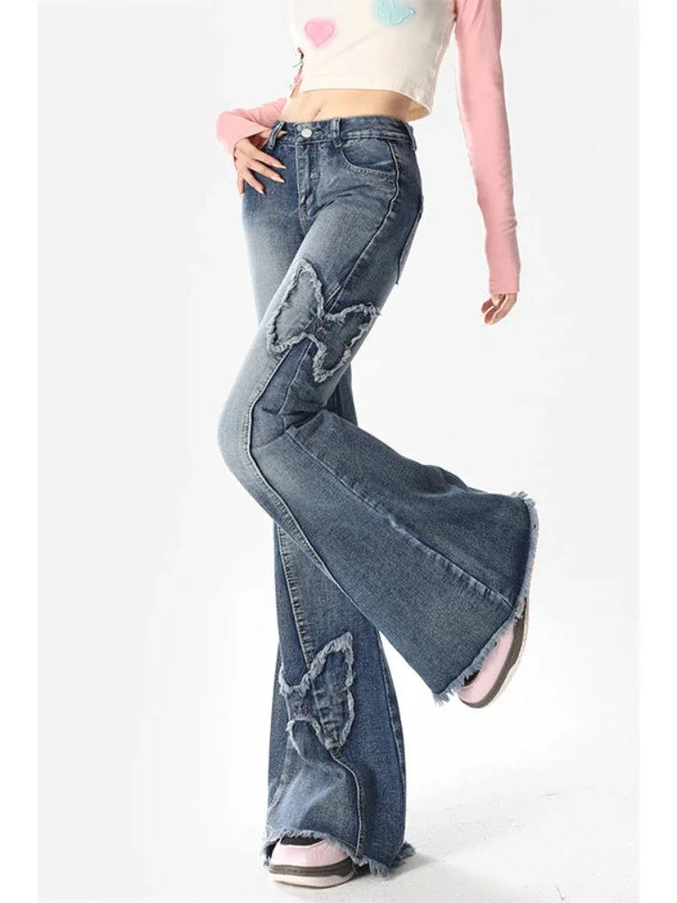 Butterfly Embroidery Blue Flare Jeans