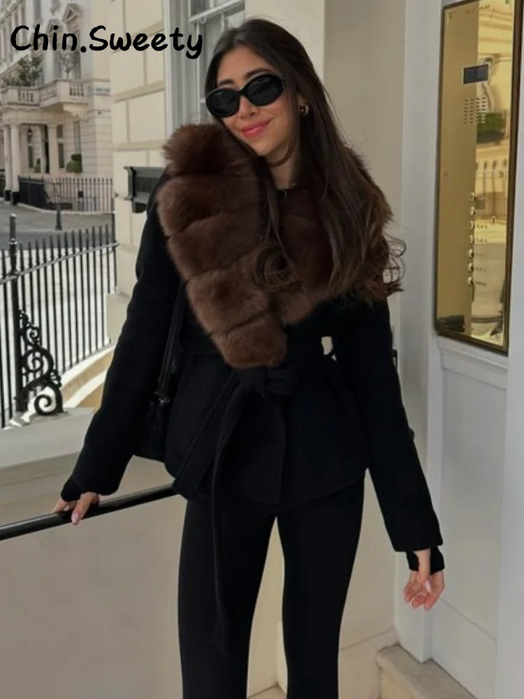 Double-Breasted Cropped Trench Coat Faux Fur