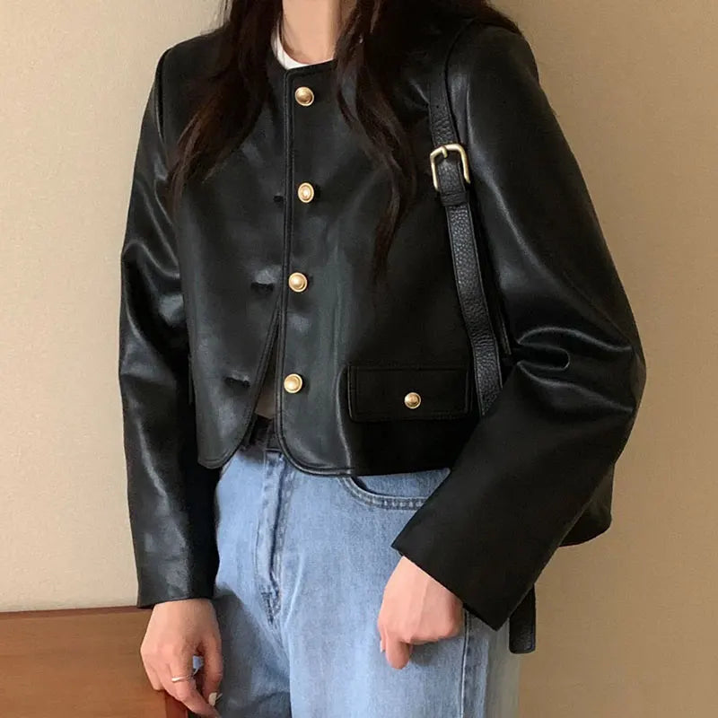 Autumn Vintage Round Neck Leather Jacket