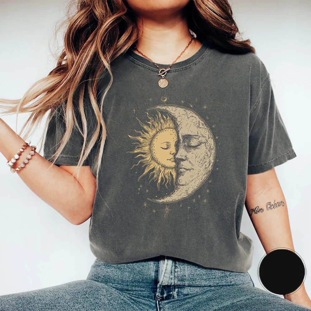 Sun Moon Face Vintage Bohemian T-Shirt Unisex