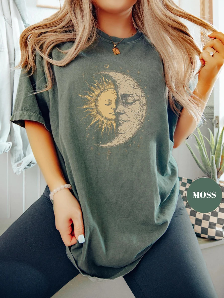 Sun Moon Face Vintage Bohemian T-Shirt Unisex