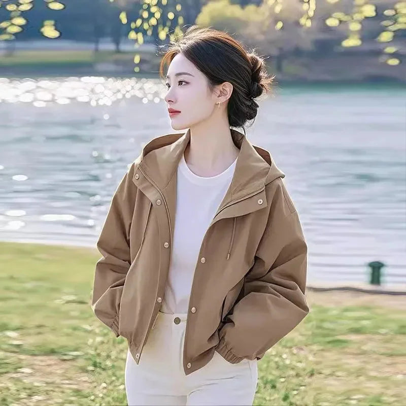 Khaki Casual Hooded Short Jacket Women