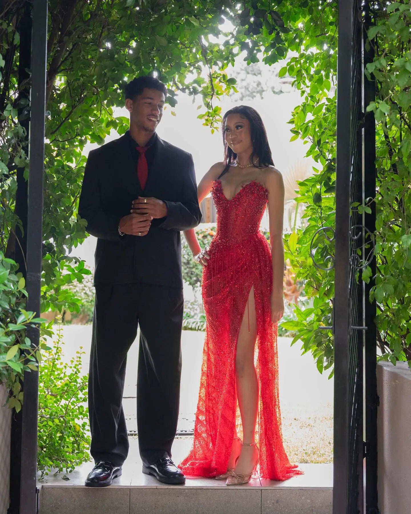 Red Beading V-Neck Side Slit Prom Dress