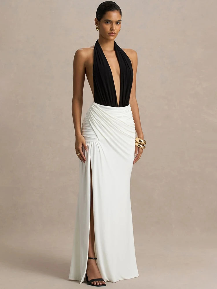 Halter Backless Ruched Maxi Dress Women