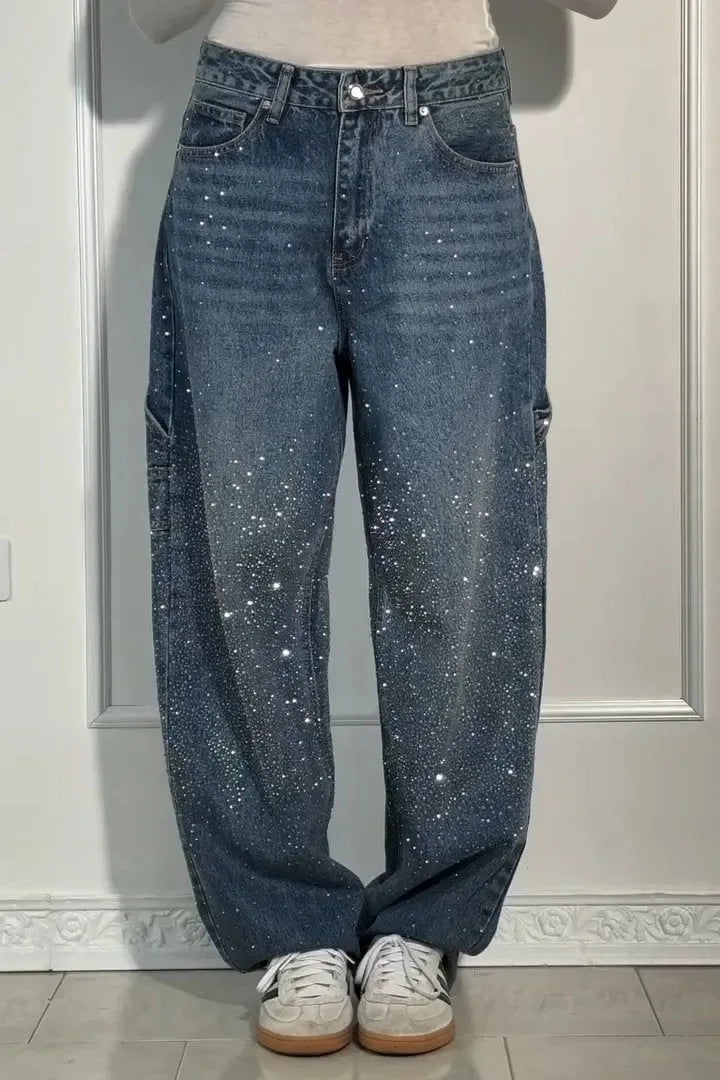 Rhinestone Wide Leg Street Lady Jeans