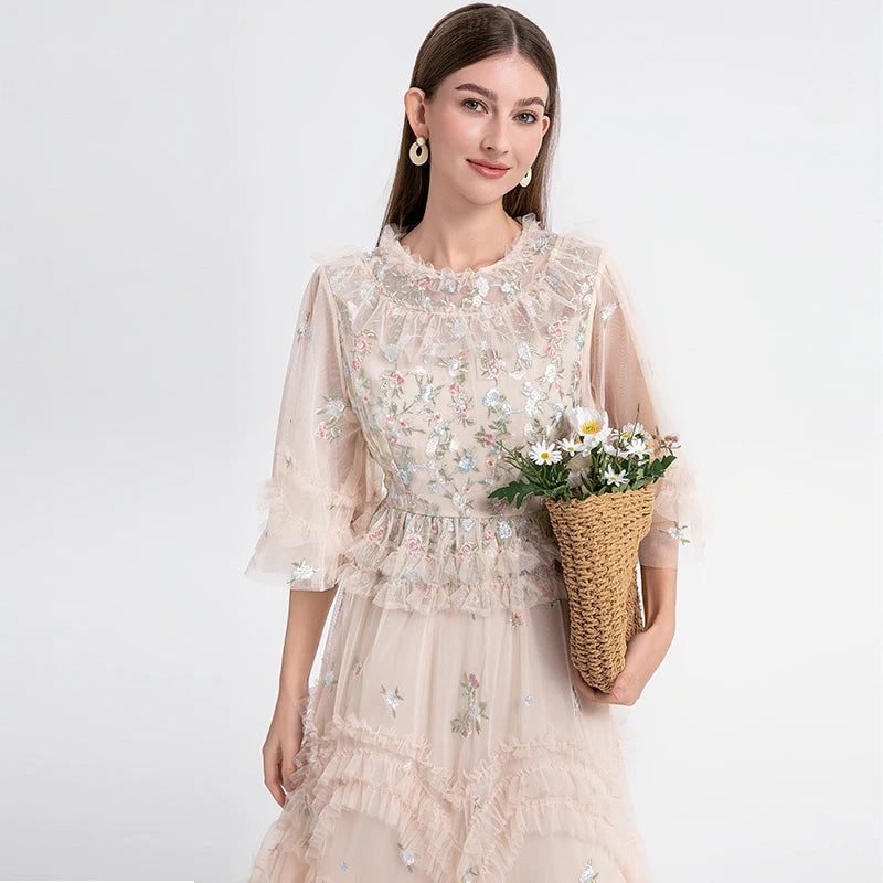 Summer Lace 3D Flower Embroidered Mesh Dress
