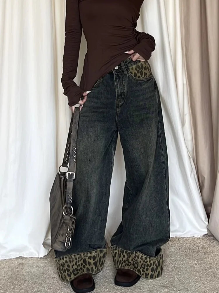 Y2K Leopard Patchwork Baggy Jeans Women
