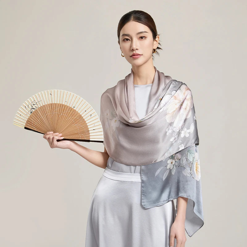 Women’s Long Floral 100% Silk Print Scarf