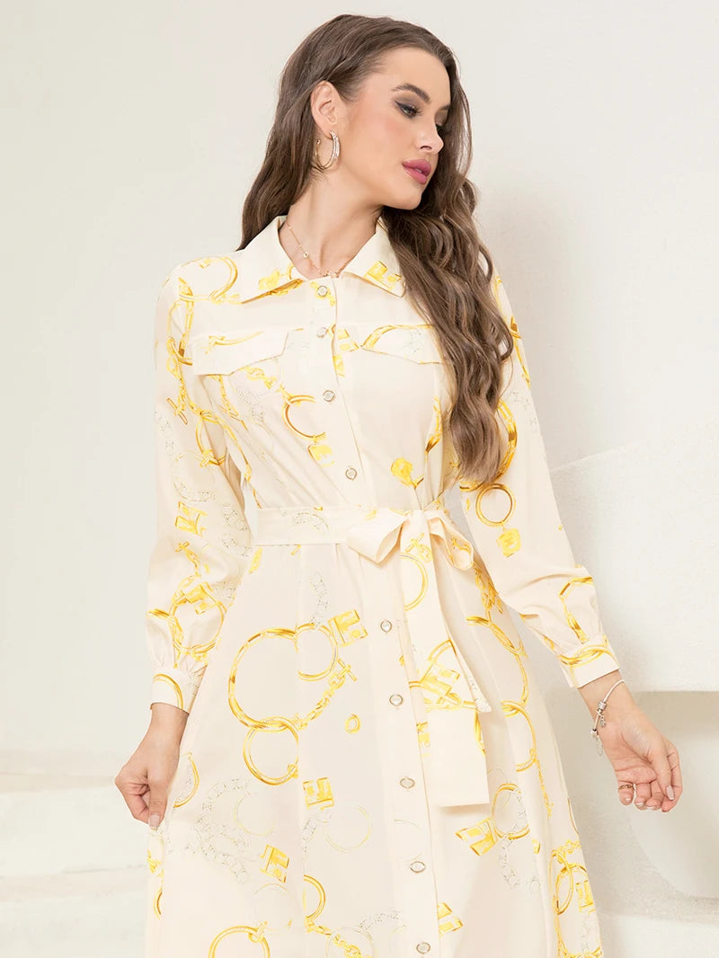 Long Sleeve Chain Print Belted Shirt Dress Women