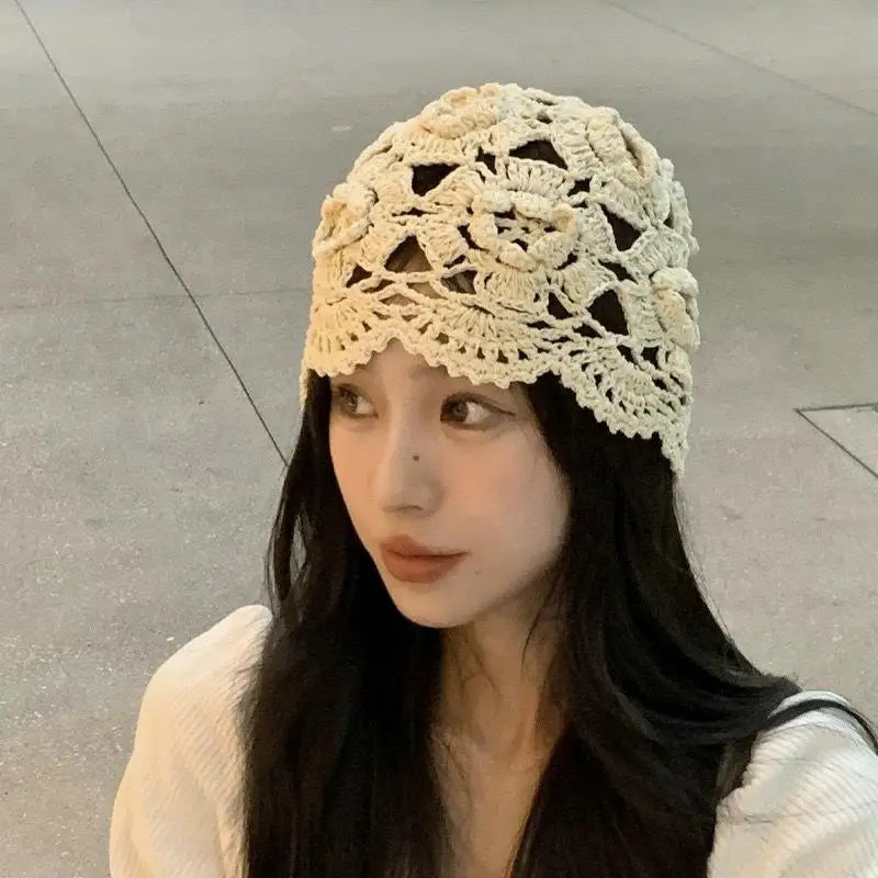 Hollowed Out Knitted Summer Flowers Beret