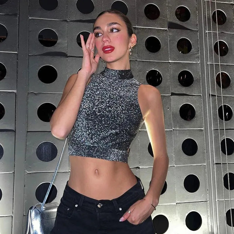 Bling Glitter Backless Y2K Crop Top Women