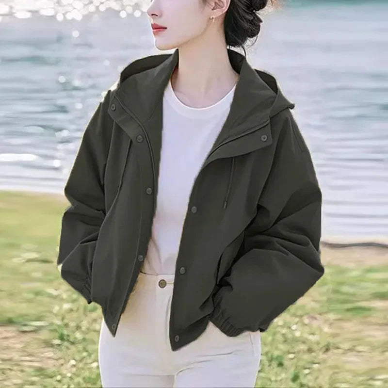 Khaki Casual Hooded Short Jacket Women