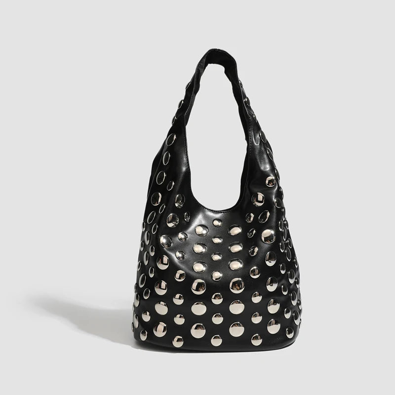 Rivet Detail Luxury Leather Bucket Bag