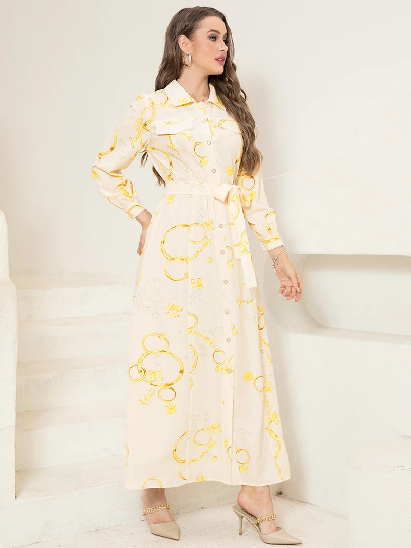 Long Sleeve Chain Print Belted Shirt Dress Women