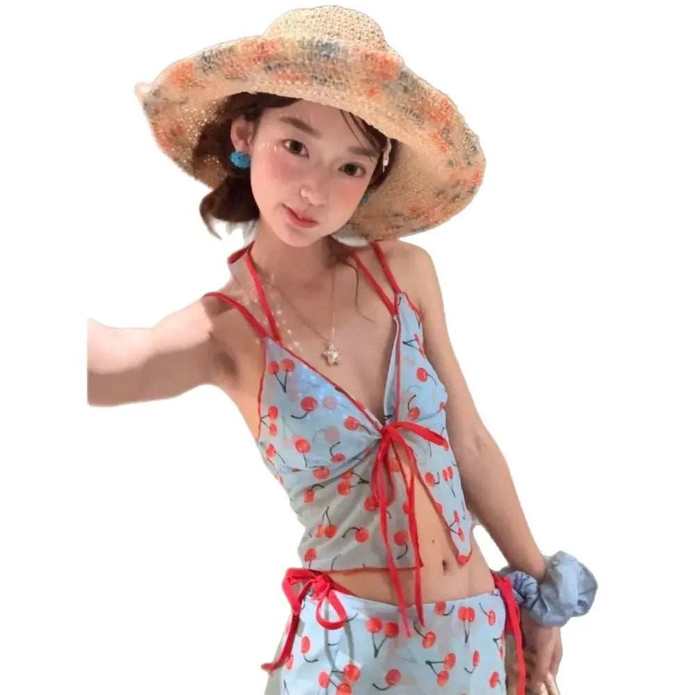 Cherry V-Neck Mesh Lace Bikini Set