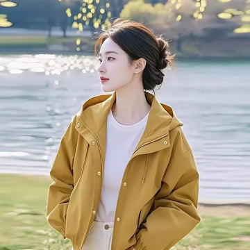 Khaki Casual Hooded Short Jacket Women