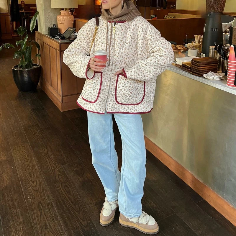 Spring Autumn Floral Print Zip Jacket Women