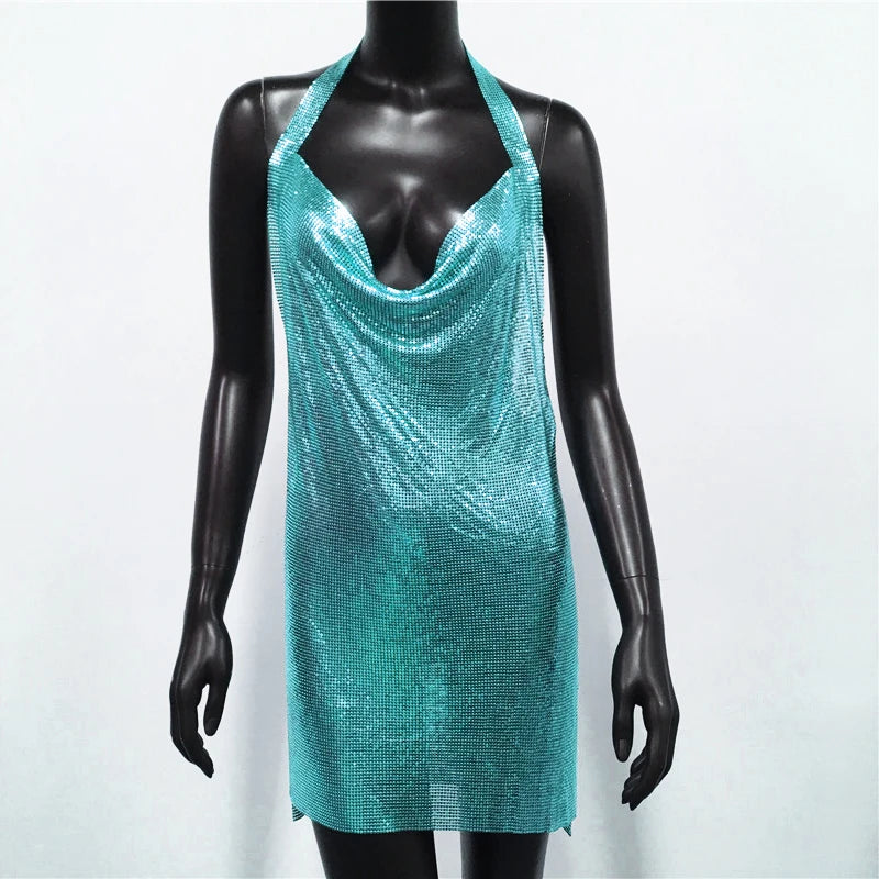 Glitter Sequin Halter Backless Party Dress
