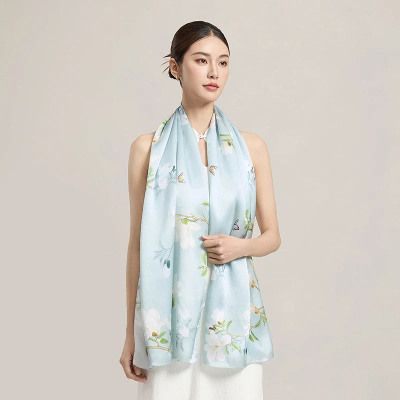 Women’s Long Floral 100% Silk Print Scarf