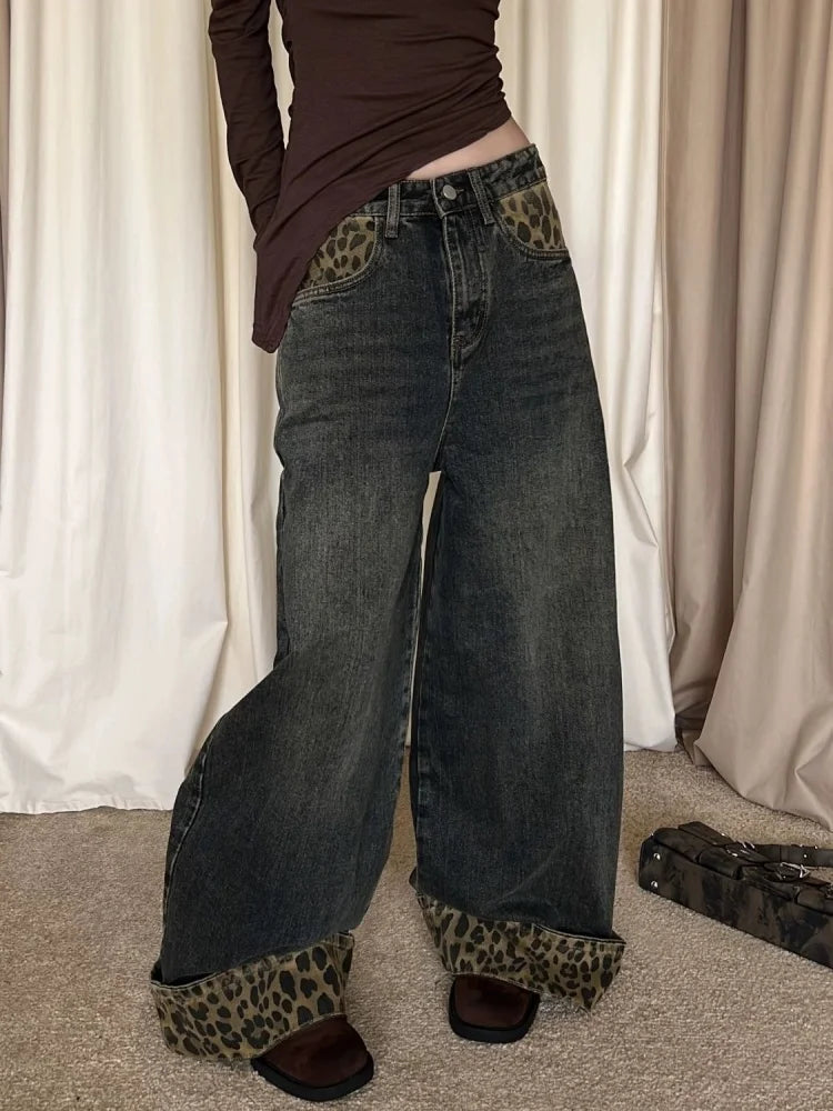 Y2K Leopard Patchwork Baggy Jeans Women