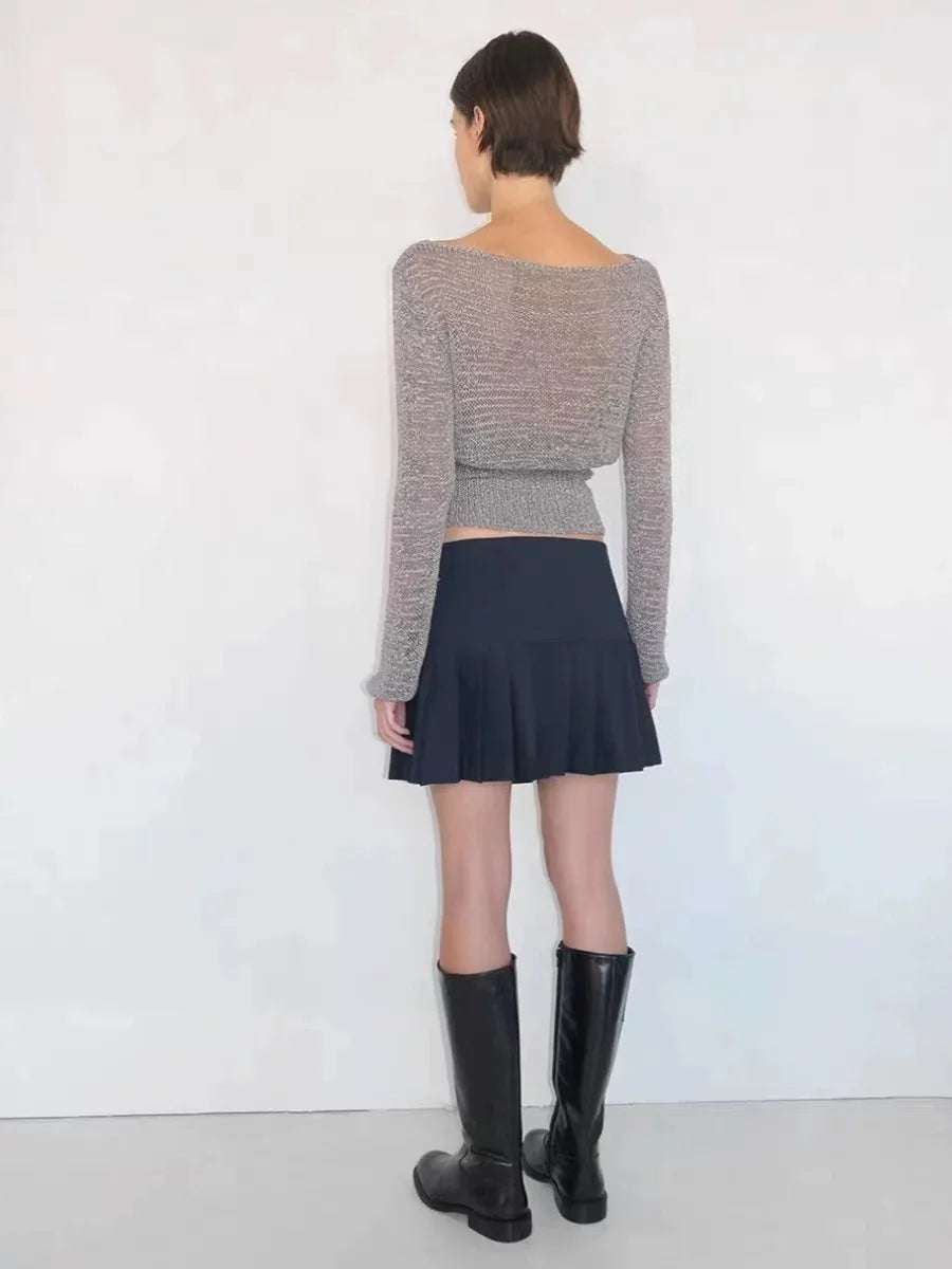 Navy Mini Low-Waist Pleated Skirt