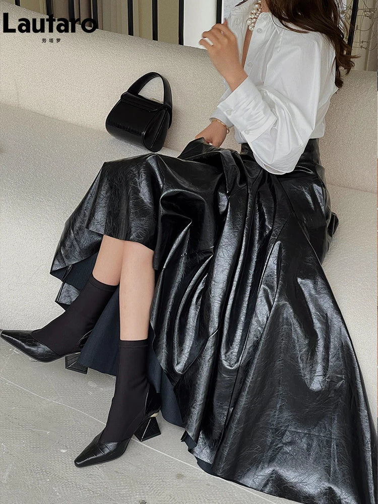 Black Patent PU Maxi Pleated Skirt