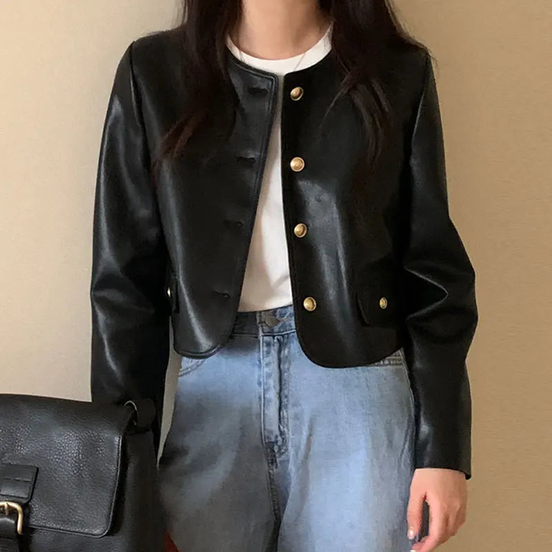 Autumn Vintage Round Neck Leather Jacket