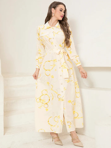 Long Sleeve Chain Print Belted Shirt Dress Women