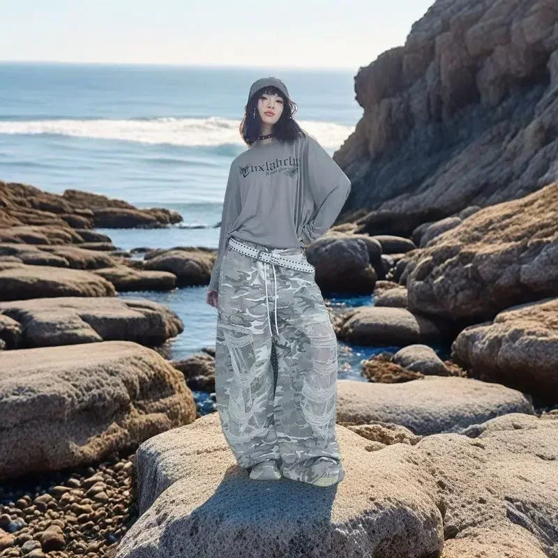 Colorful Lace Patchwork Ripped Wide Leg Jeans