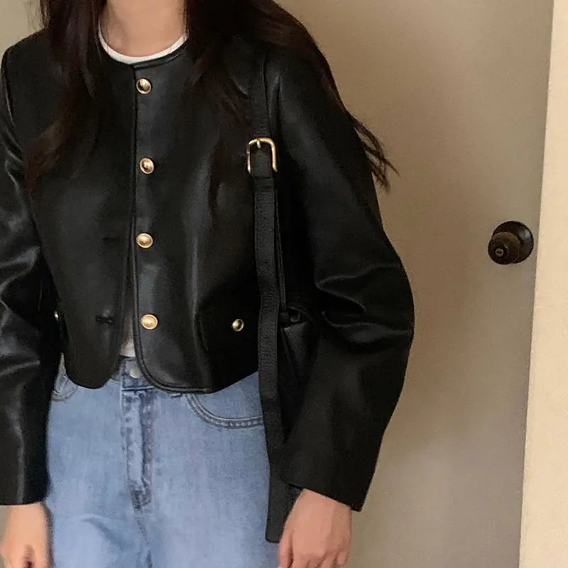 Autumn Vintage Round Neck Leather Jacket