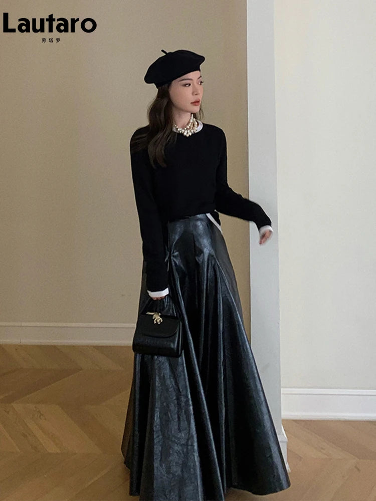 Black Patent PU Maxi Pleated Skirt