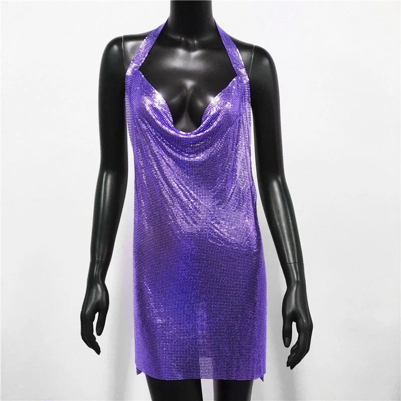 Glitter Sequin Halter Backless Party Dress