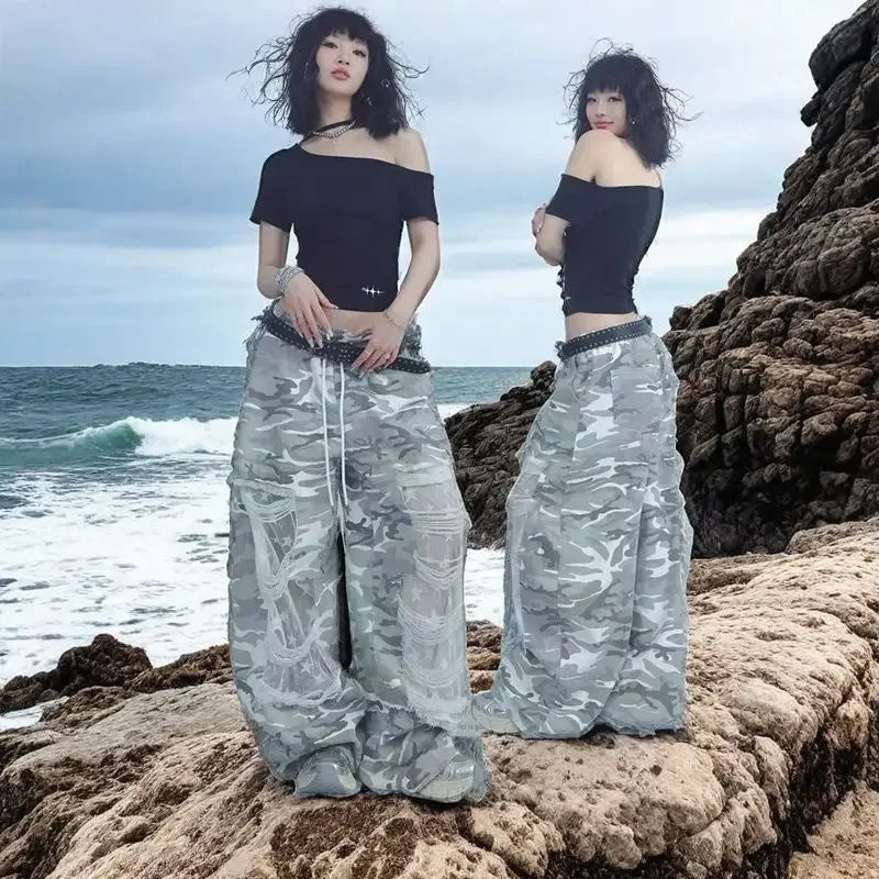 Colorful Lace Patchwork Ripped Wide Leg Jeans