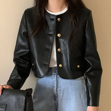 Autumn Vintage Round Neck Leather Jacket